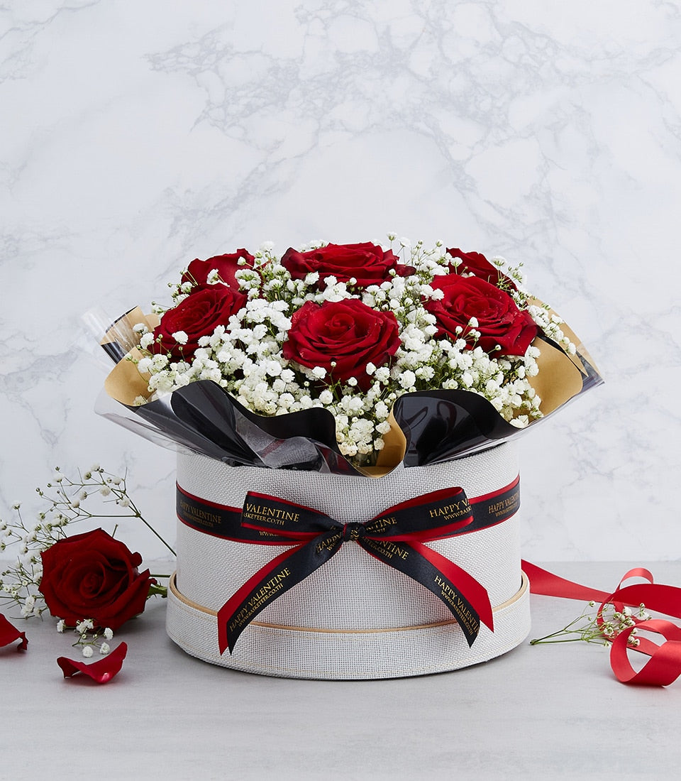 Premium red roses and baby's breath in grey luxury box with Valentine's ribbon