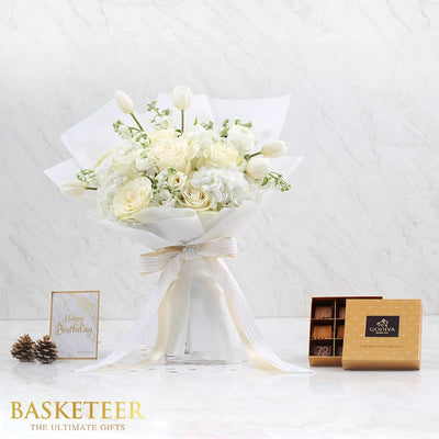 Luxury white flower bouquet with premium chocolates and birthday card gift set