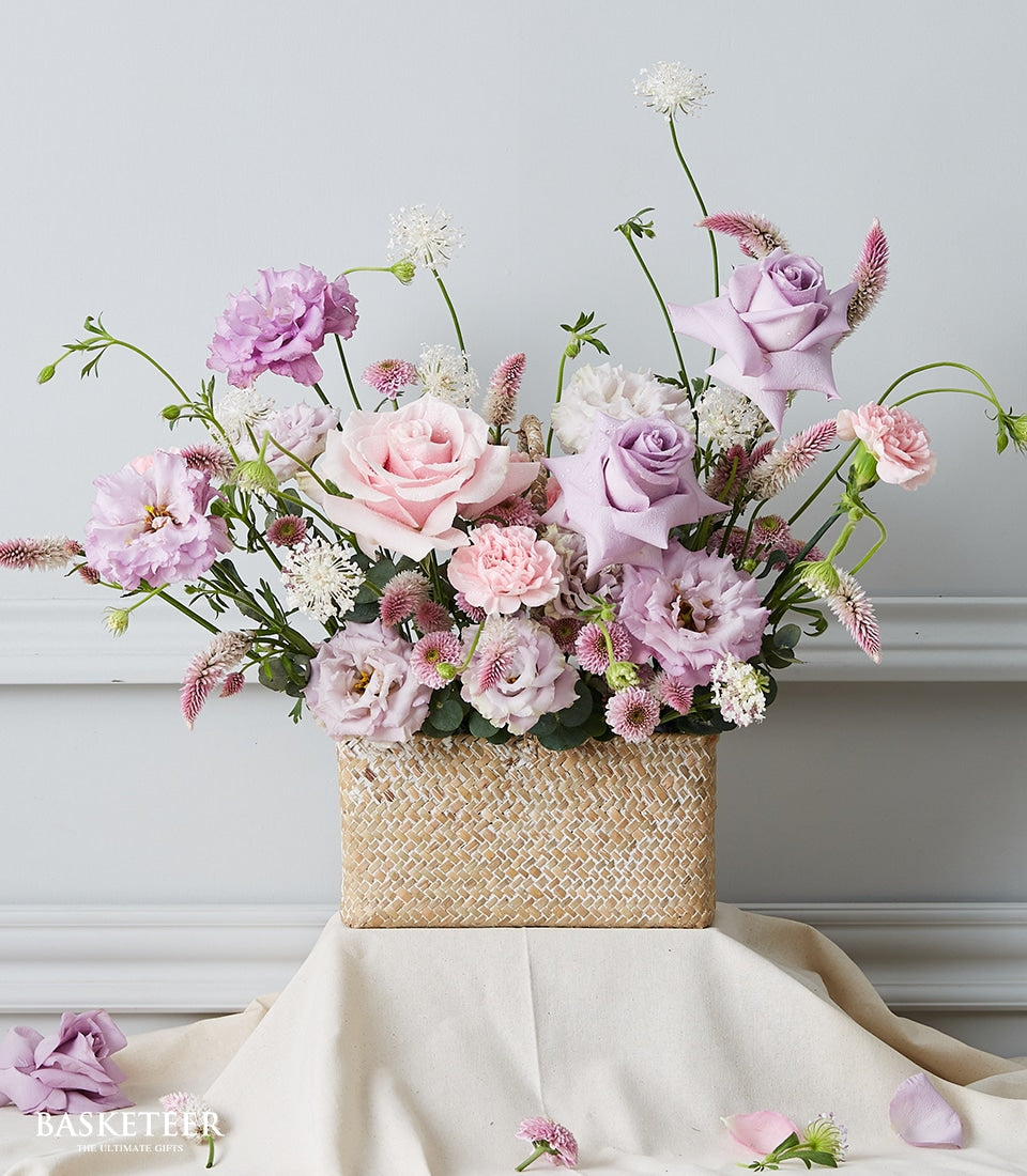 Premium pink and purple rose basket with lisianthus for get well wishes