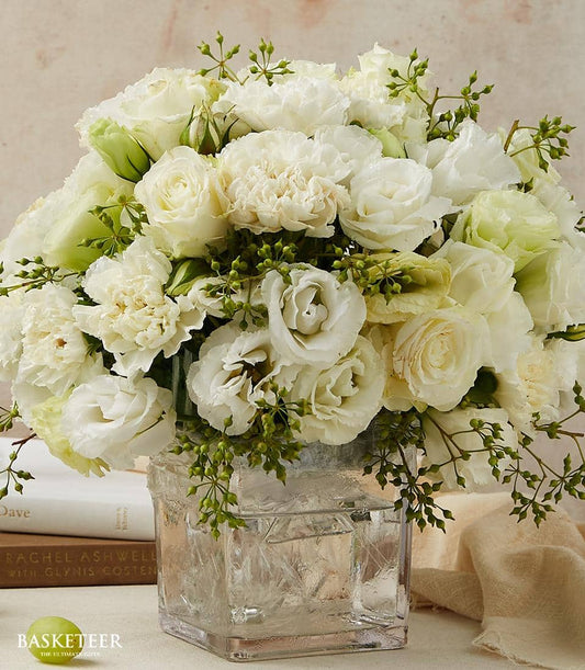 White and cream roses with carnations in frosted glass vase, premium fresh flower arrangement for any occasion