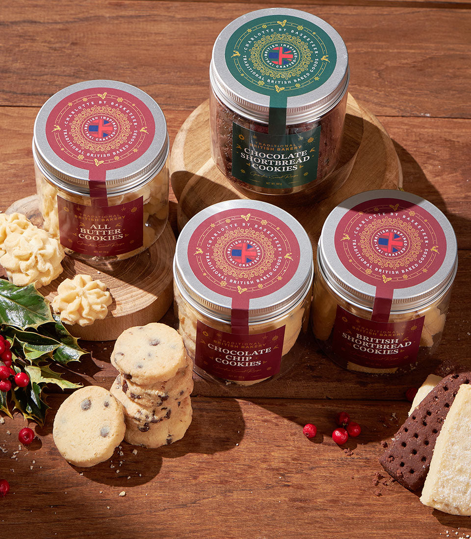 Charlotte Bakery artisan British cookie collection: all-butter, chocolate chip, and shortbread cookies in gift jars, perfect for birthdays; order online in Bangkok.