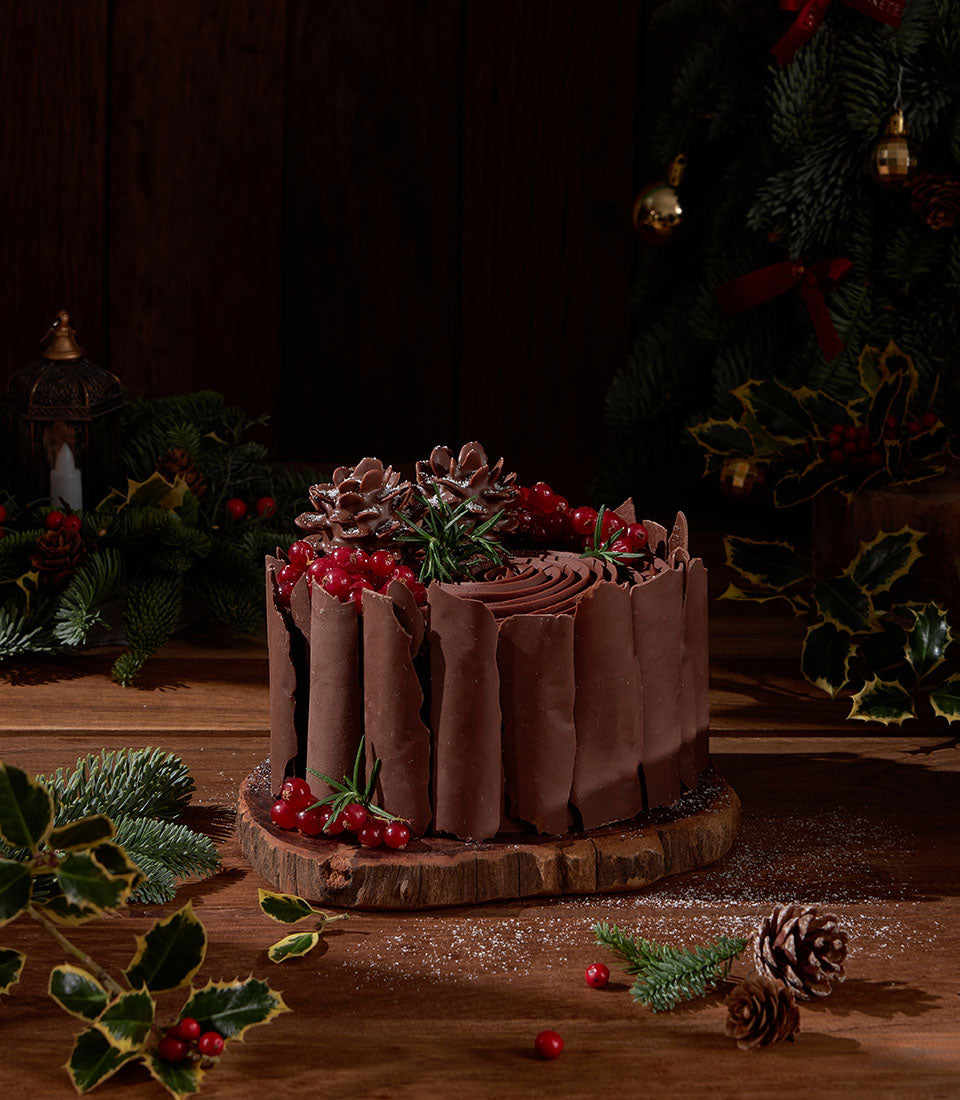 Festive chocolate ganache cake with fresh red currants and rosemary sprigs on rustic wooden base