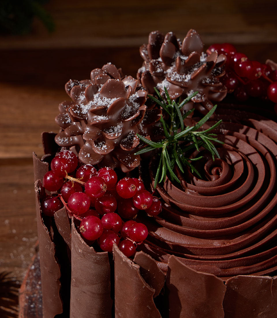 Dark chocolate ganache Christmas cake with red currants and rosemary, artisan holiday dessert from Charlotte Bakery