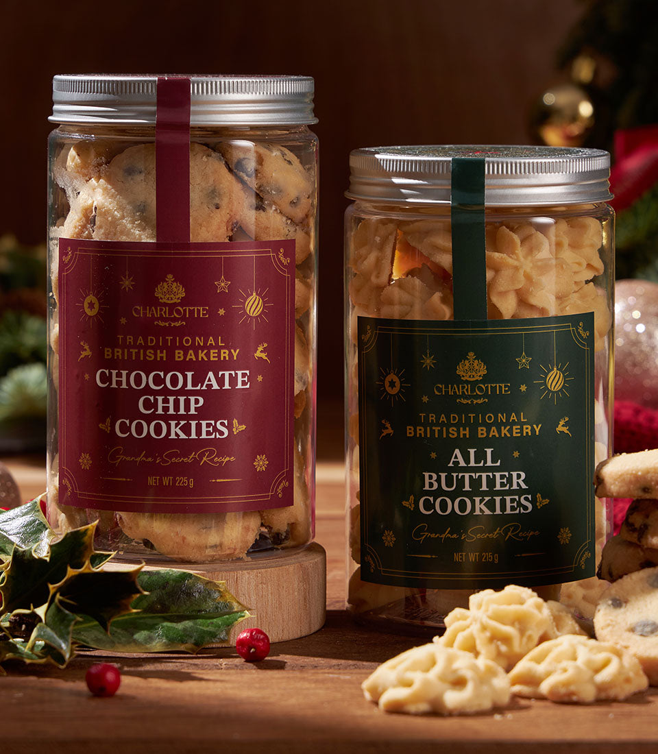 Charlotte Bakery traditional British cookies in festive gift jars with chocolate chip and all butter varieties, Christmas