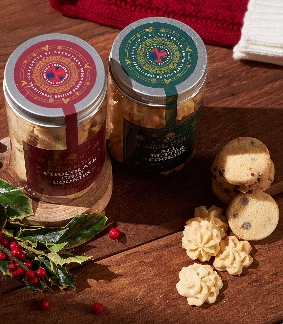 Charlotte Bakery traditional British cookies in festive jars with chocolate chip and butter varieties, Christmas gift set