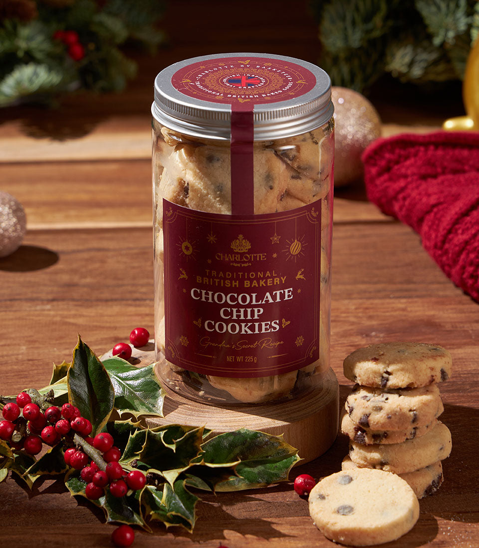 Charlotte Bakery chocolate chip cookies in festive jar with holly and gold ribbon, Christmas gift