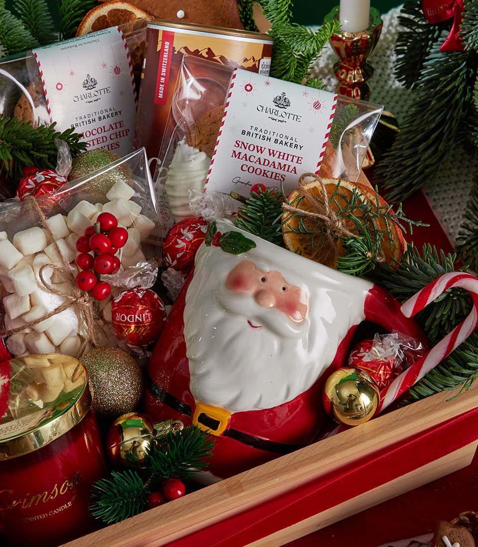 Christmas gift basket with Santa mug, Charlotte bakery cookies, hot chocolate, marshmallows, and festive decorations