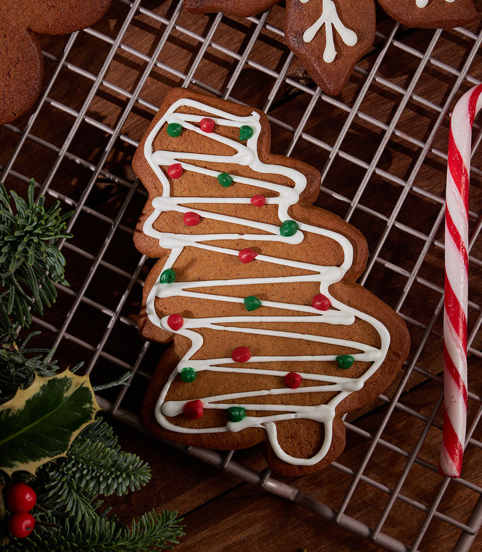 Hand-decorated gingerbread Christmas tree cookie from Charlotte Bakery, with royal icing and festive candy dots. A classic British bakery treat in Bangkok.
