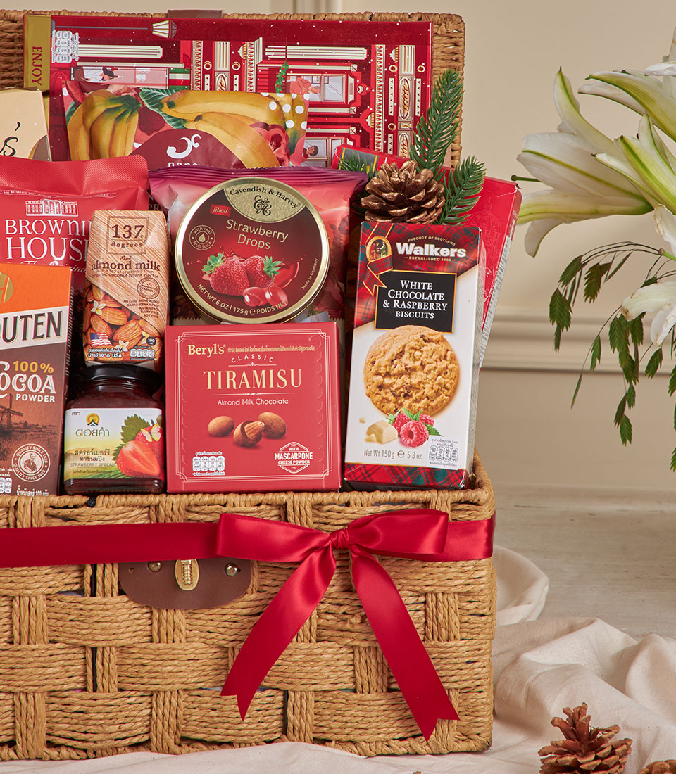 Premium red snack gift basket with gourmet chocolates, candies and biscuits, festive New Year hamper