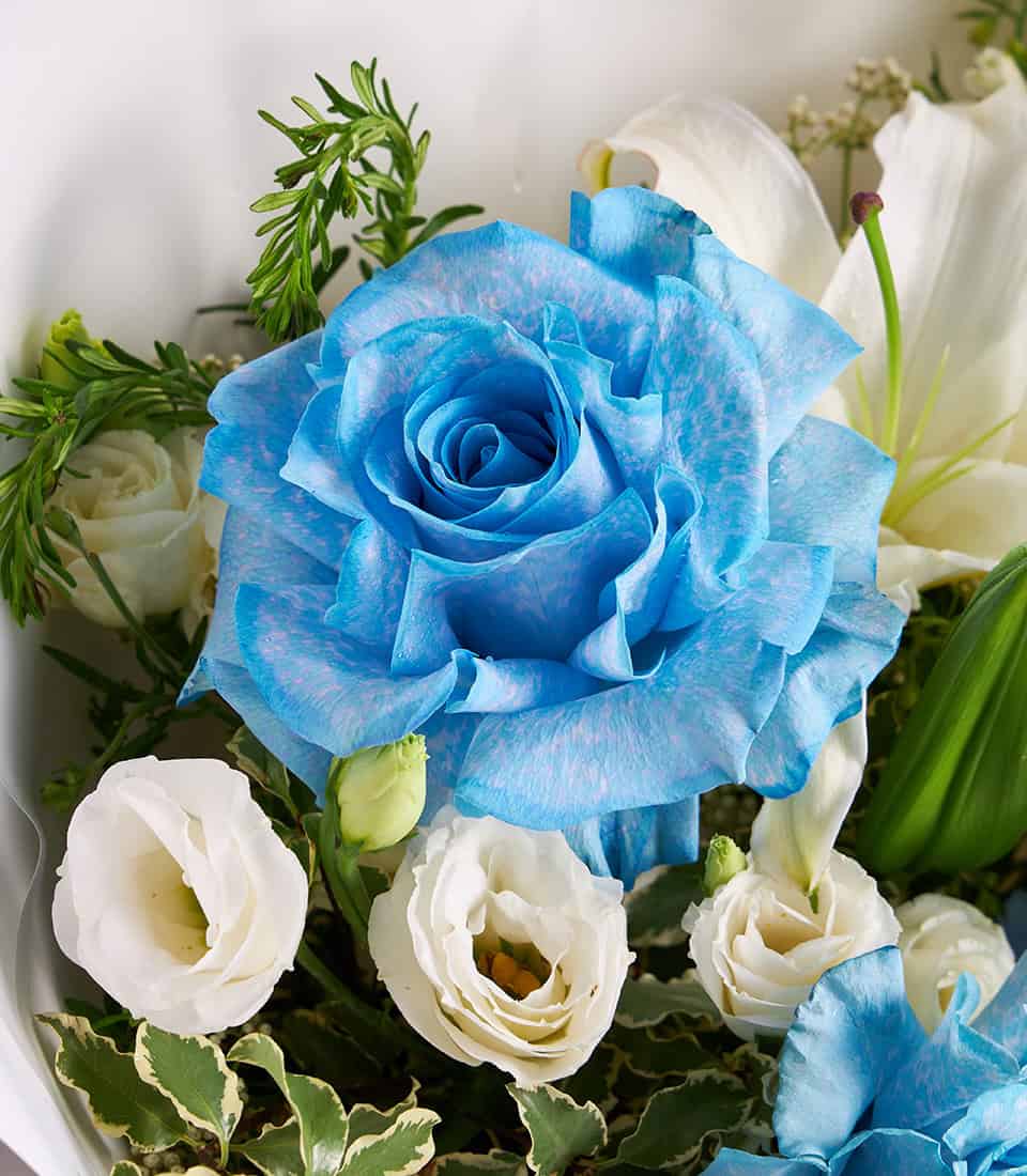 Blue rose with white lilies and hydrangea fresh flower bouquet arrangement