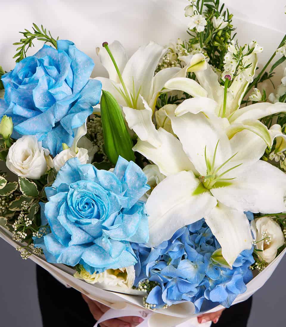 Blue roses, white lilies and hydrangeas bouquet with fresh Ecuador-sourced flowers