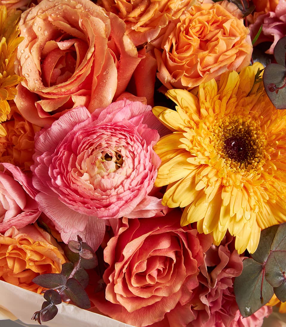 Vibrant mixed bouquet of orange roses, peach ranunculus, and yellow gerbera with eucalyptus greenery