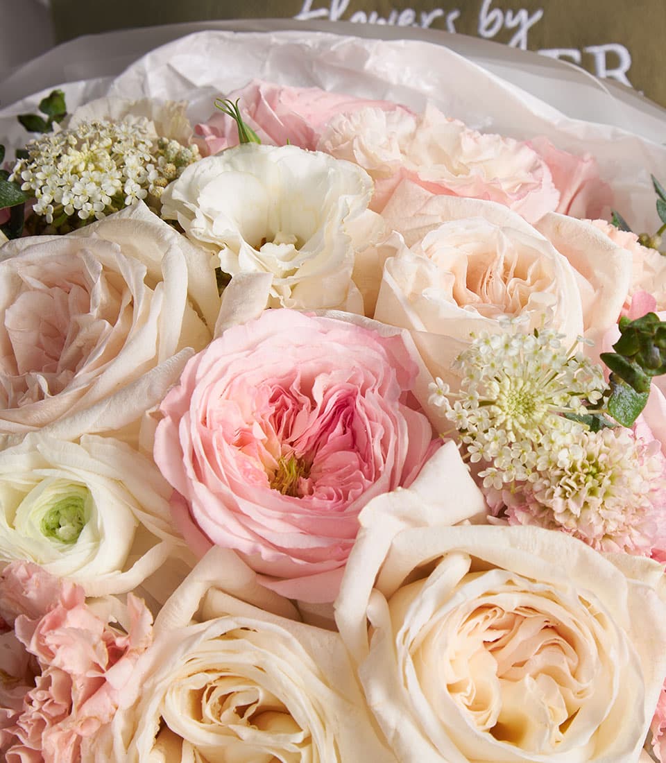 Elegant mixed bouquet of cream, pink and white roses with lisianthus and filler flowers in premium wrapping