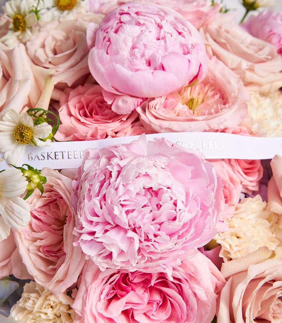Blush peony and rose luxury bouquet with cream dahlias and white ribbon