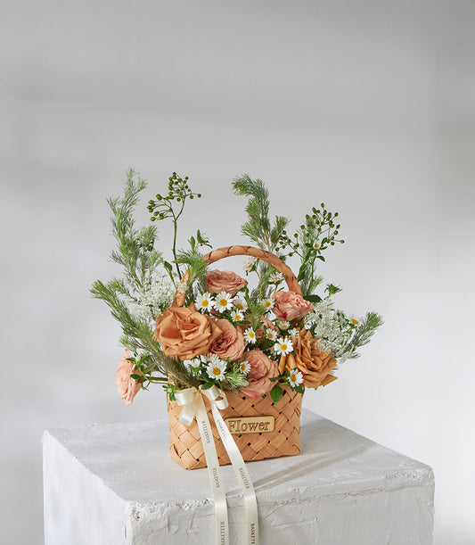 Peach and white rose daisy flower basket with cream ribbon bow, luxury birthday gift arrangement