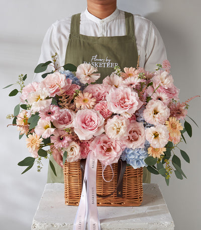 Pink Roses, Carnations & Gerbera Basket Bouquet
