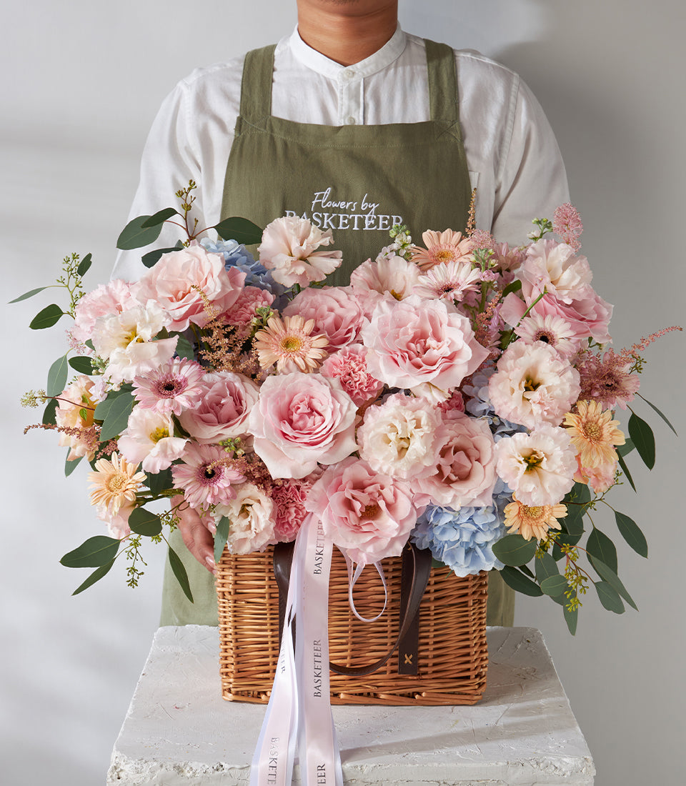 Pink Roses, Carnations & Gerbera Basket Bouquet