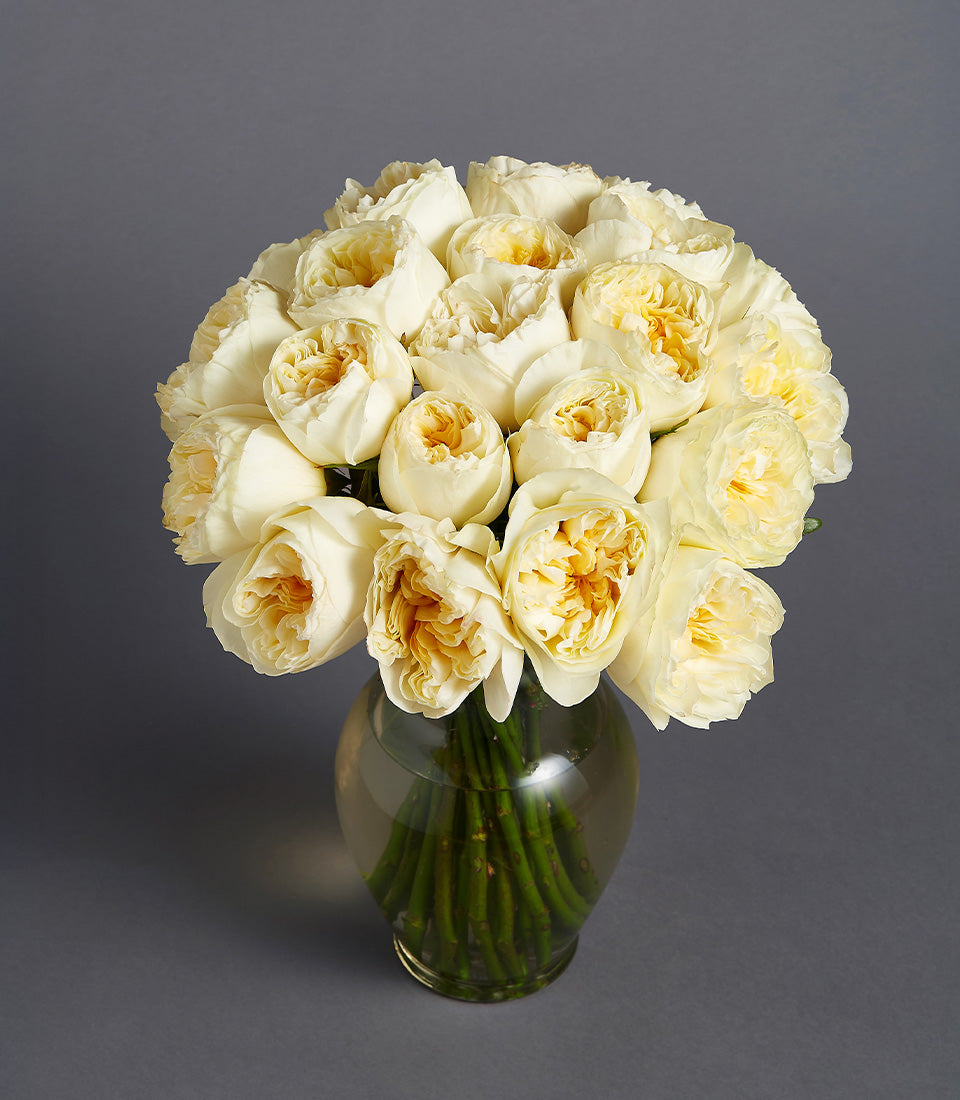 Premium light yellow and cream roses in clear glass vase, luxury gift bouquet