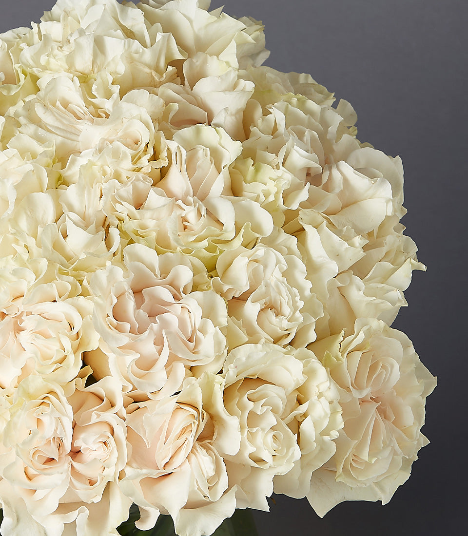 Pastel mixed roses bouquet with cream and blush pink blooms in a lush rounded arrangement