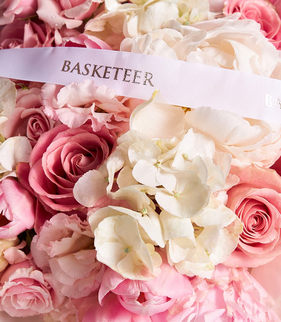 Blush peony rose and hydrangea luxury bouquet with premium Ecuador roses and grosgrain ribbon