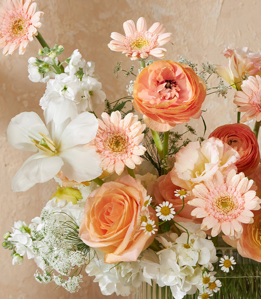 Peach Harmony fresh flower arrangement with ranunculus, gerbera, and roses in clear glass vase