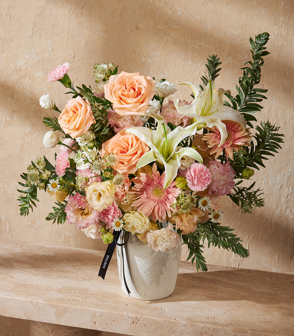 Peach Harmony fresh flower vase arrangement with roses, lilies, and carnations in soft pastels