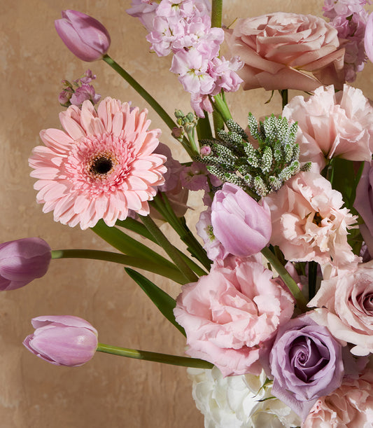 Lavender Peach Harmony premium fresh flower vase with pink roses, purple tulips, and gerbera daisy