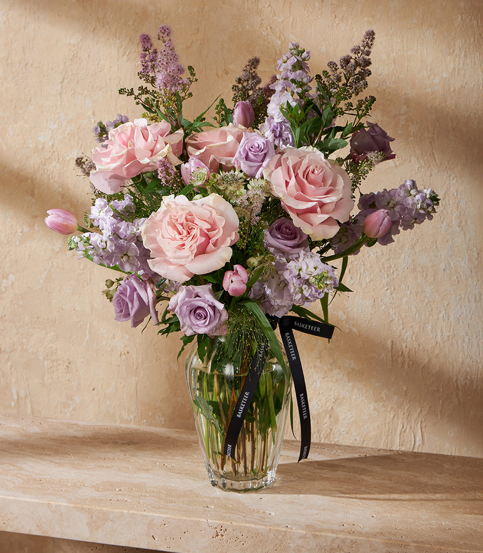 Lavender Romance fresh rose and tulip vase arrangement with soft pink blooms and purple accents