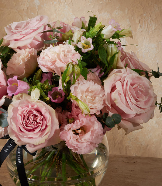 Pink rose and lisianthus arrangement in clear glass vase with eucalyptus, premium fresh flower gift