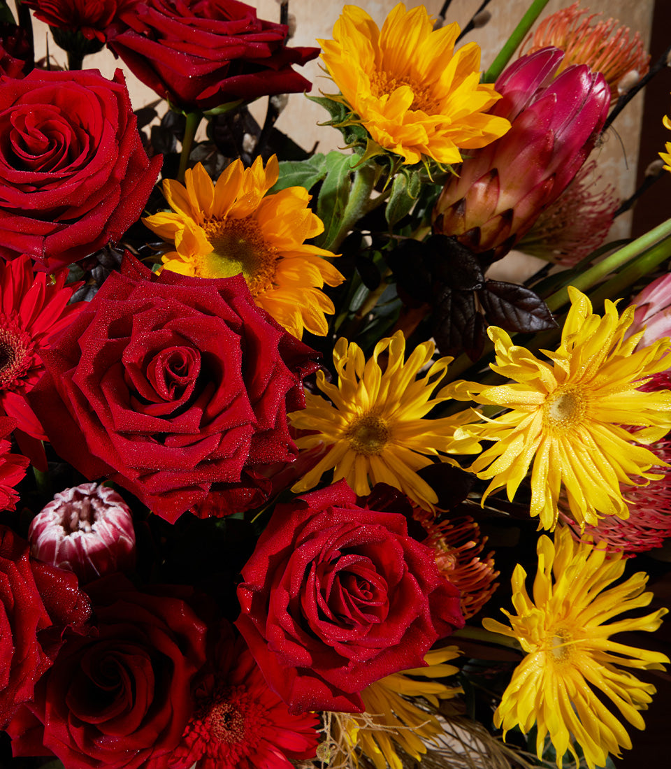 Red roses and yellow sunflowers with pink protea in fresh luxury floral arrangement
