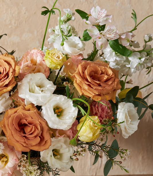 Rust rose and white eustoma fresh flower arrangement in golden vase, premium gift bouquet
