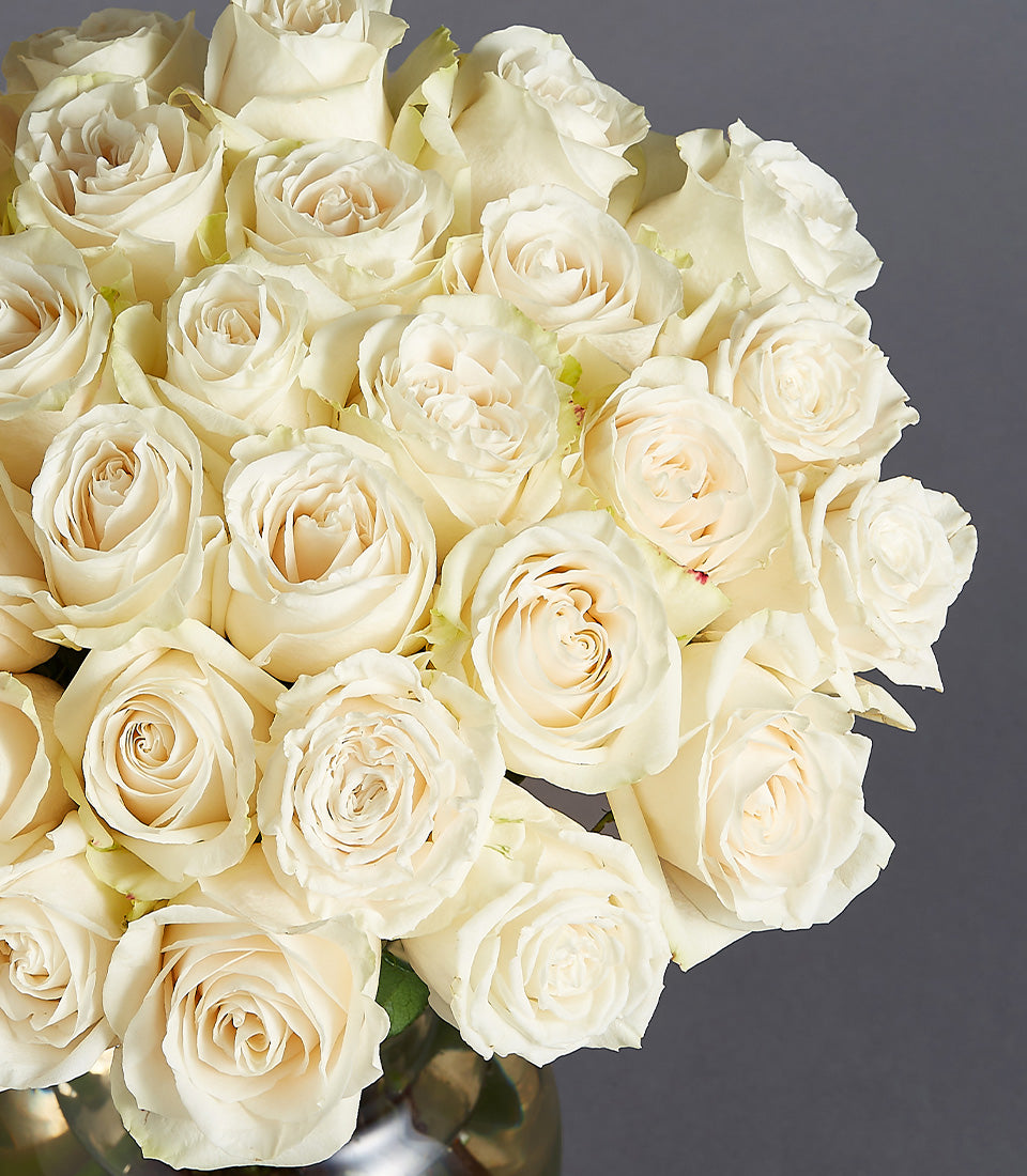 Eternal Charm mixed bouquet with three dozen creamy white roses in clear glass vase