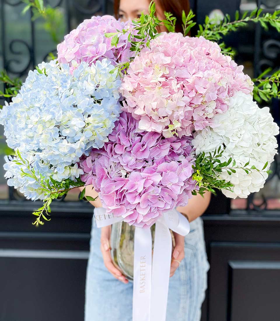 Large multicoloured hydrangea bouquet in glass vase with white ribbon, perfect for congratulations or gifting