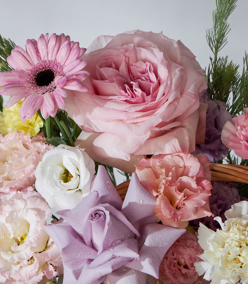 Vibrant pink, purple, and yellow fresh flower arrangement in woven basket with garden roses and gerbera daisies