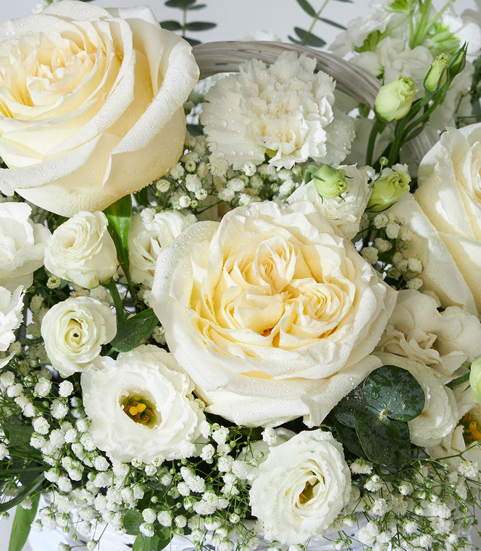White roses and cream ranunculus in woven basket with baby's breath, fresh garden arrangement