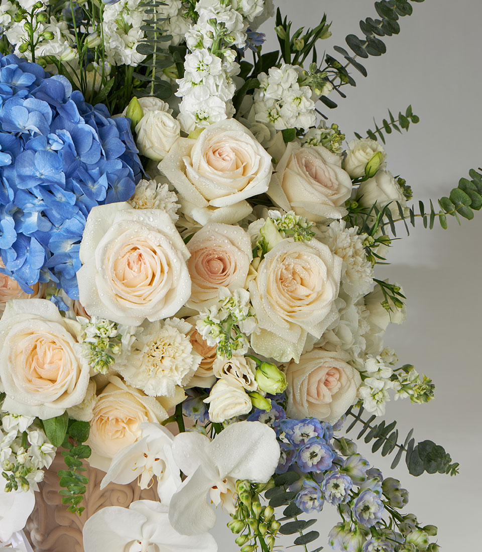 White O'Hara roses and blue hydrangeas in carved pedestal vase with orchids and eucalyptus