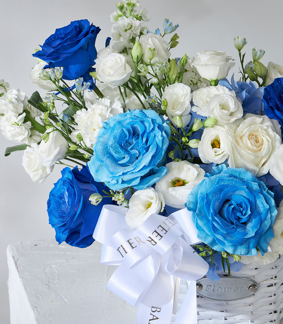 Tinted blue roses and white hydrangea in woven basket with satin ribbon bow