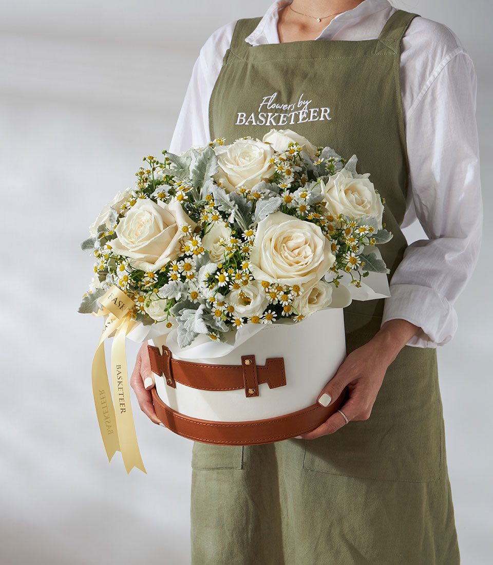 Cream roses and white daisy leather flower box with gold studs, premium fresh florals in luxury round hatbox