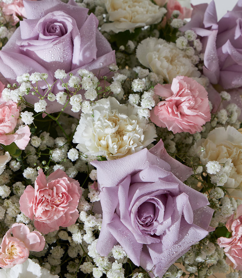 Lavender roses and pastel carnations in luxury flower box with baby's breath