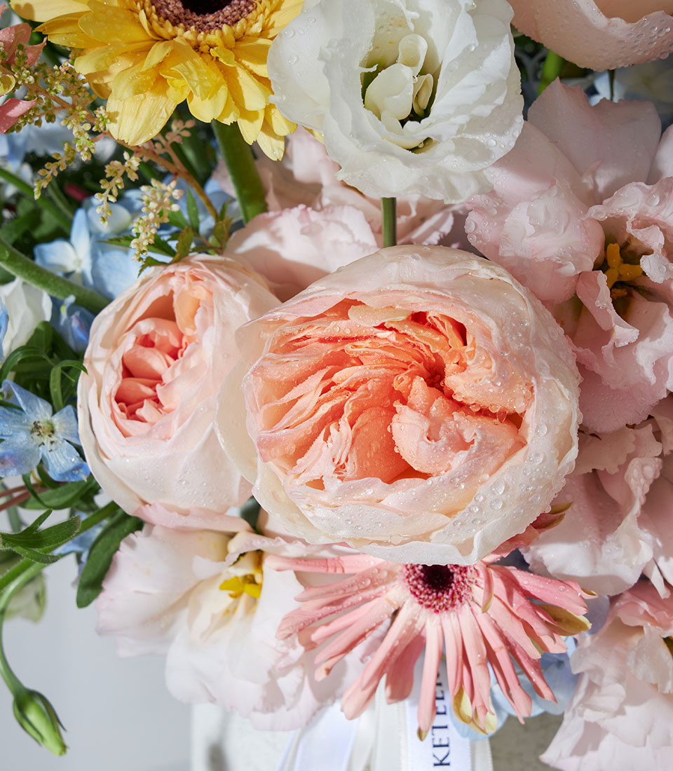 Pastel peach roses with yellow gerbera, white eustoma, and blue delphiniums in ceramic vase