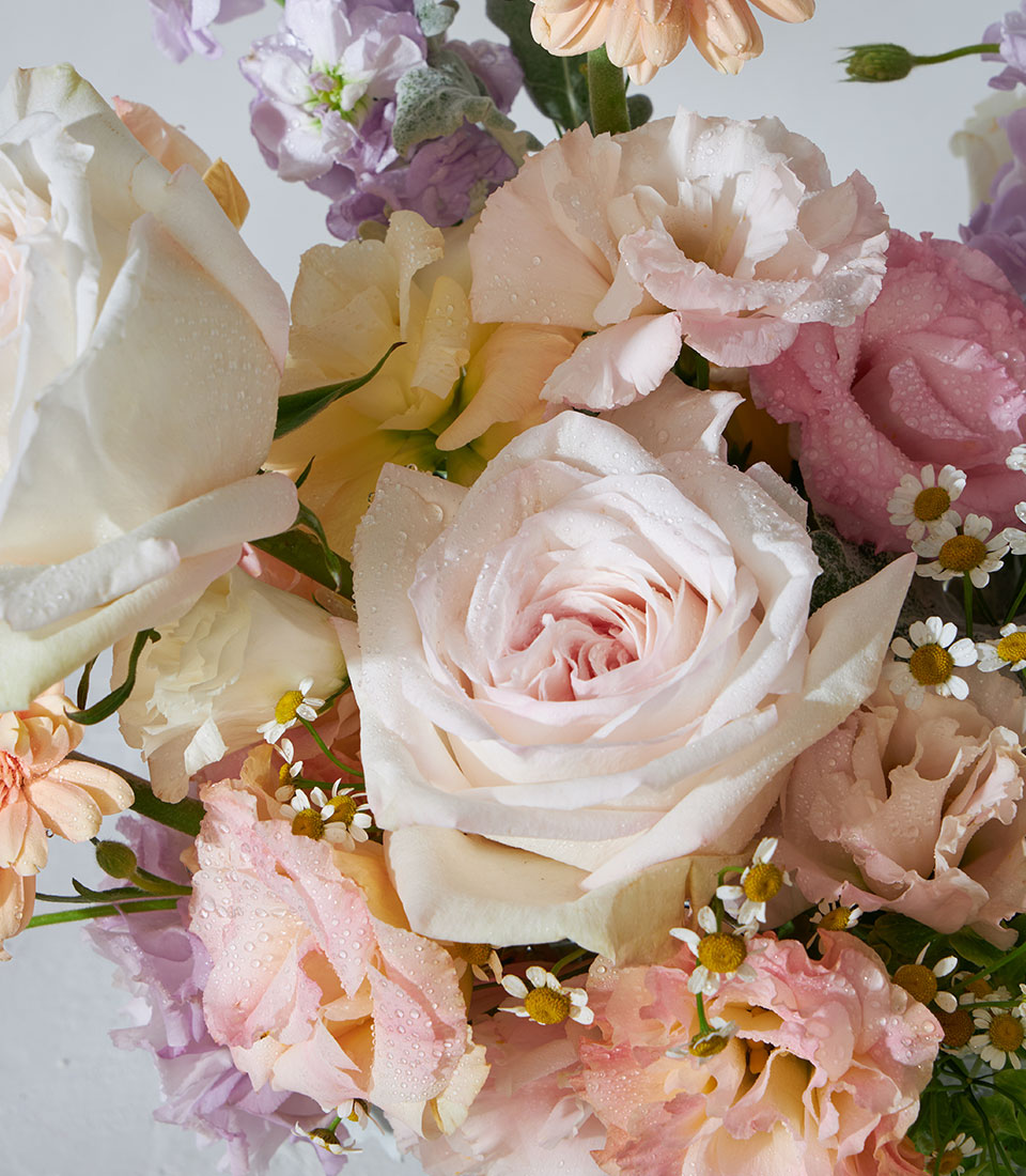 White and peach garden roses with lisianthus in square glass vase, fresh flower arrangement