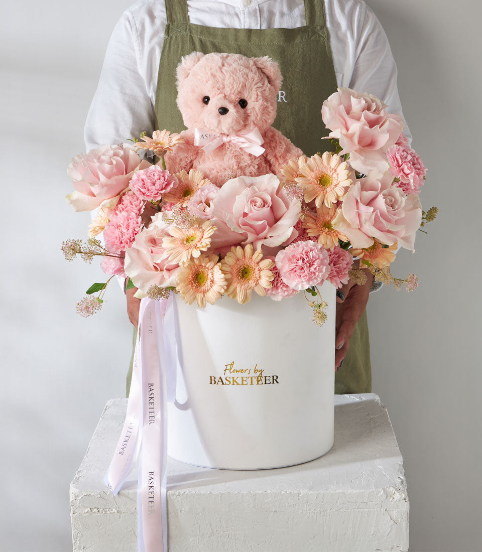 Pink Mondial roses and blush teddy bear in luxury flower box