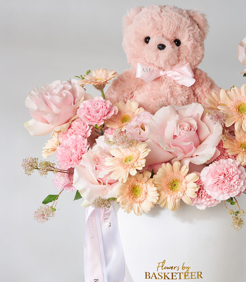 Pink Mondial roses and blush teddy bear in luxury flower box for birthday gifts