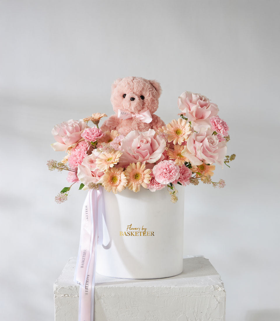 Pink Mondial roses and blush teddy bear luxury flower box for birthdays and celebrations