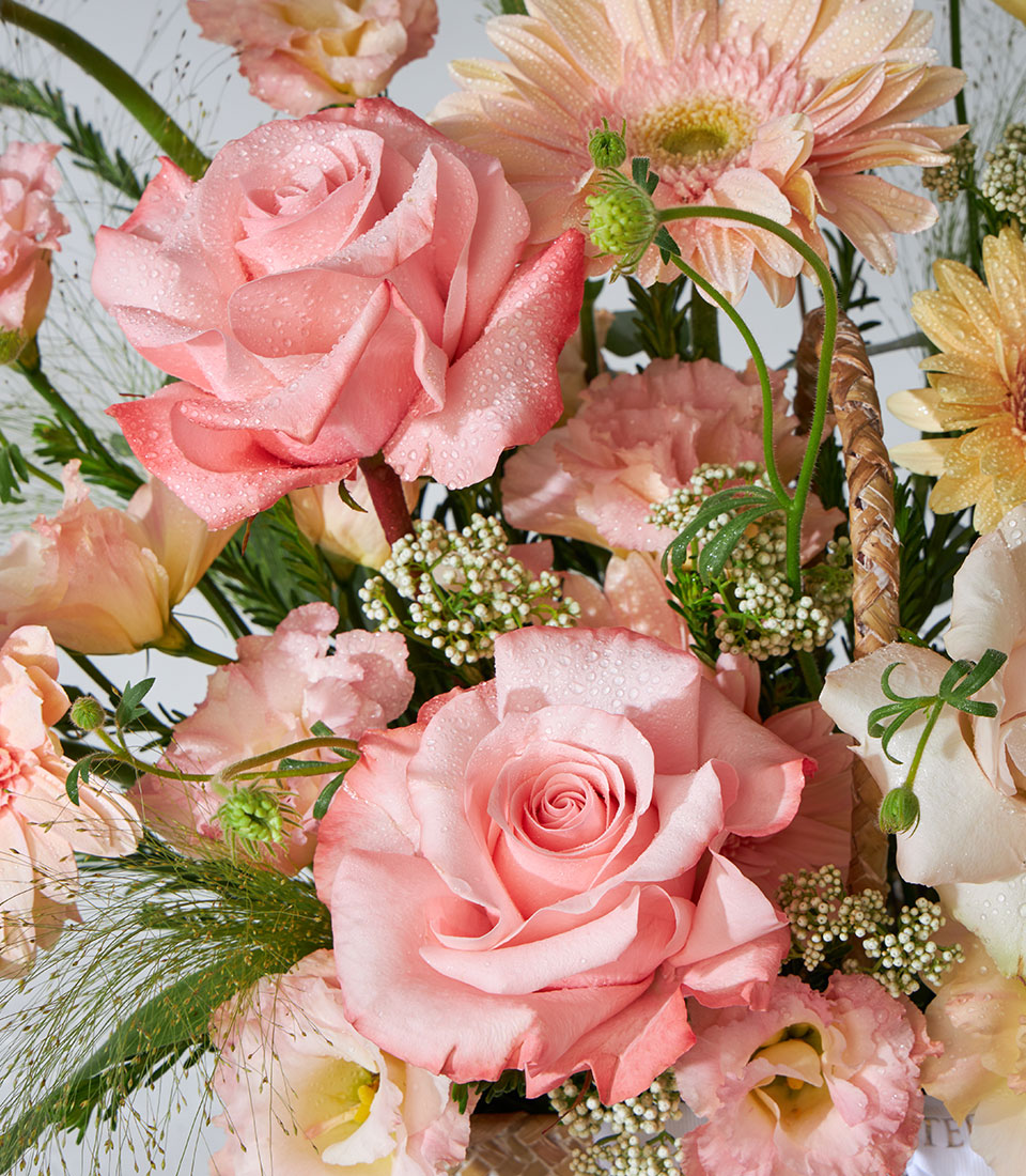 Pastel pink and peach rose flower basket with carnations and gerbera, fresh birthday gift arrangement