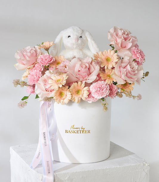 Pink roses and peach gerbera daisies with snow bunny plush in luxury flower box, birthday gift