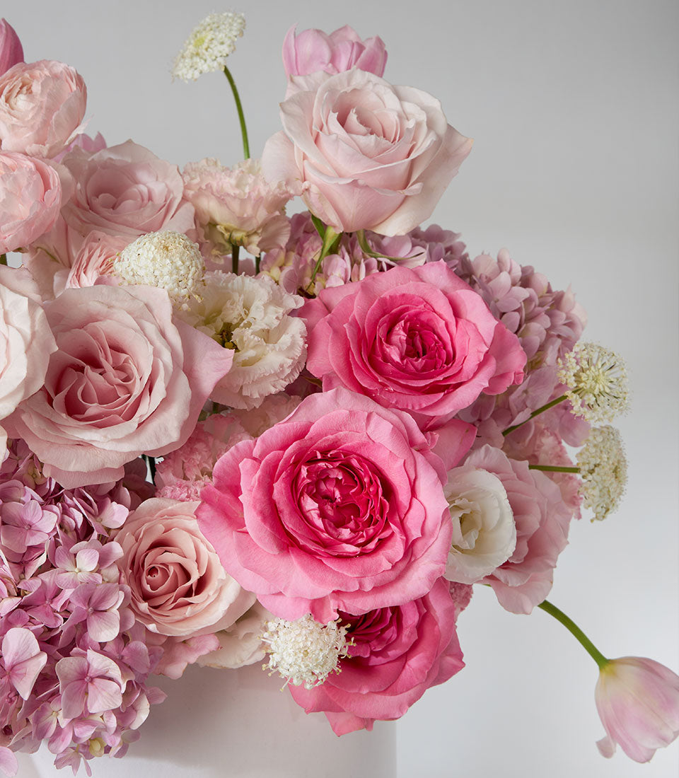 Nuage and Pink Cloud roses with ranunculus and tulips in pearl leather box