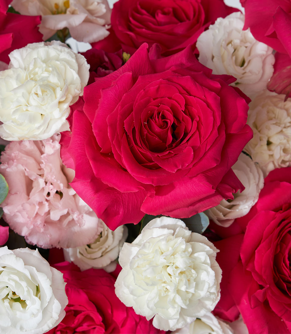 Luxe red roses and white lisianthus flower box arrangement with fresh petals and green foliage