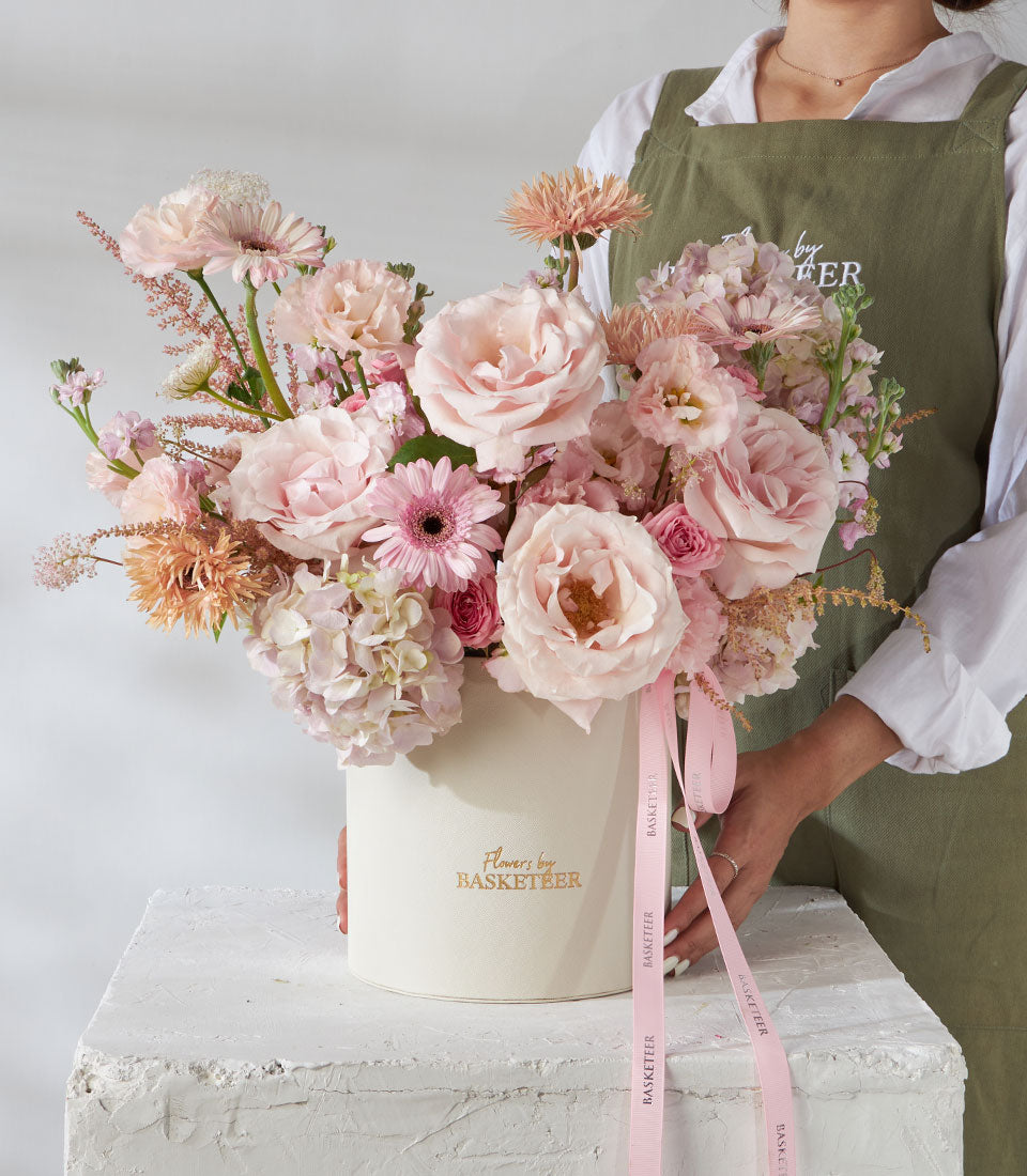Pink Cloud Roses and Lydia Spray Roses in cream ivory box with pink ribbon