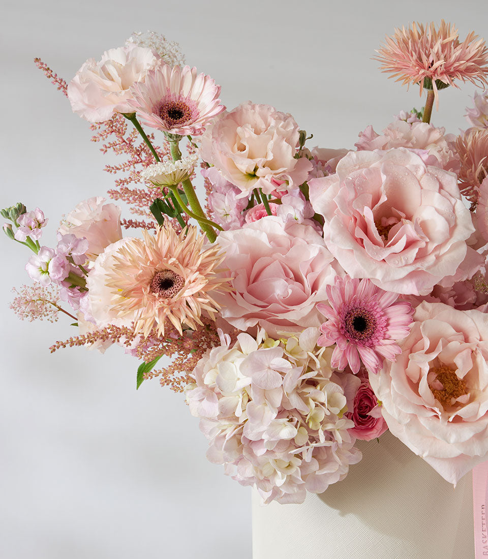 Luxury pink rose and Lydia spray rose arrangement in ivory cylindrical box with hydrangea and gerbera daisies